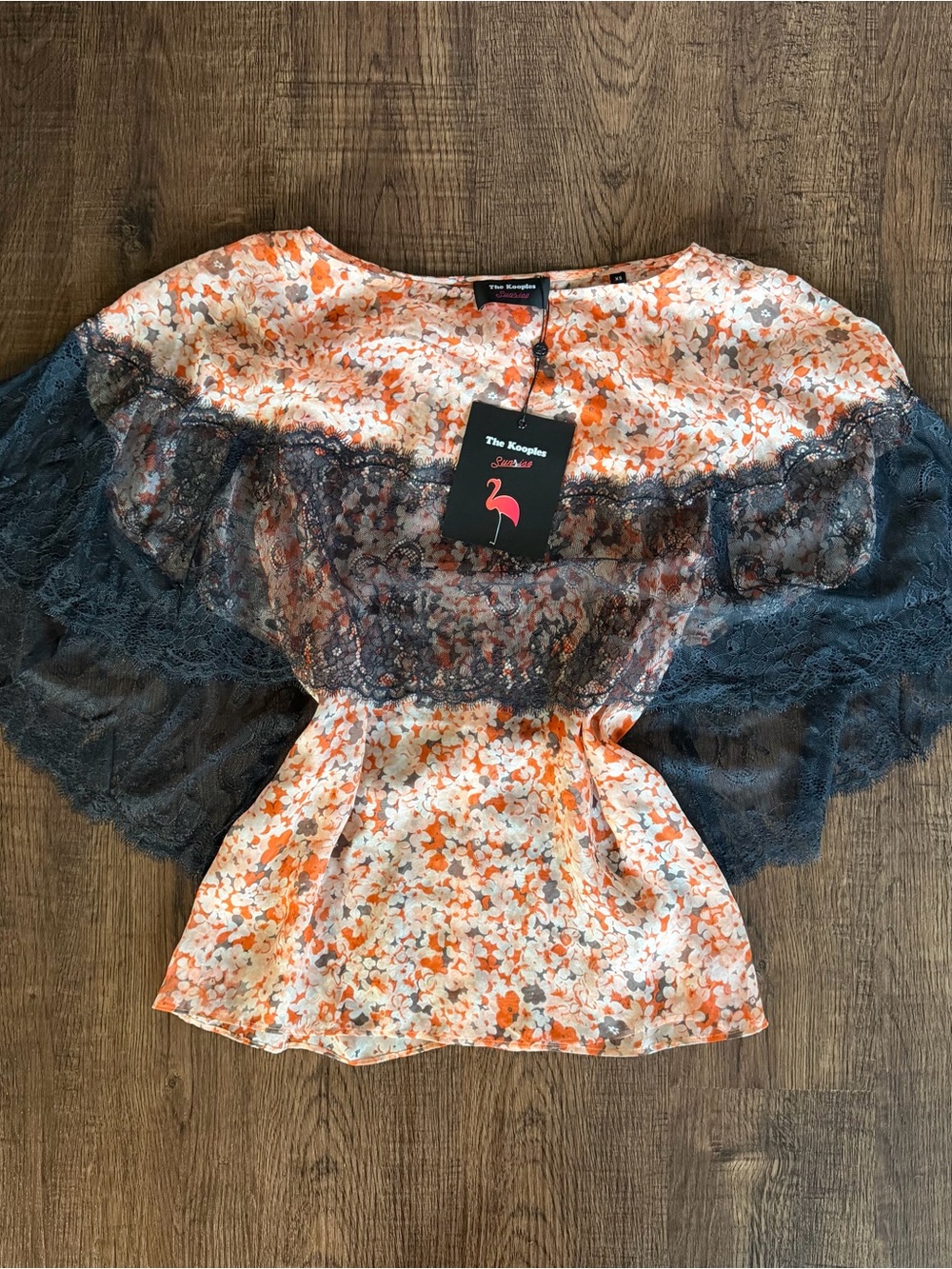 The Kooples Orange Floral Blouse with Navy Lace Overlay